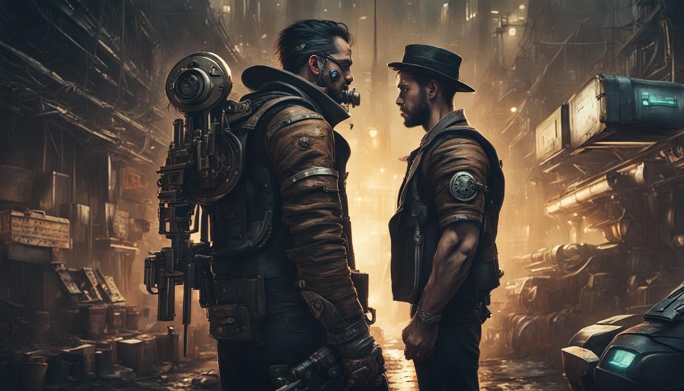 Cyberpunk Standoff: Armed Men in a Dark Future