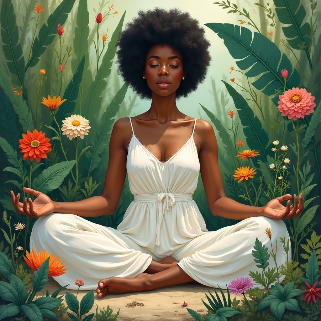 Serene Black Woman in Floral Yoga Scene
