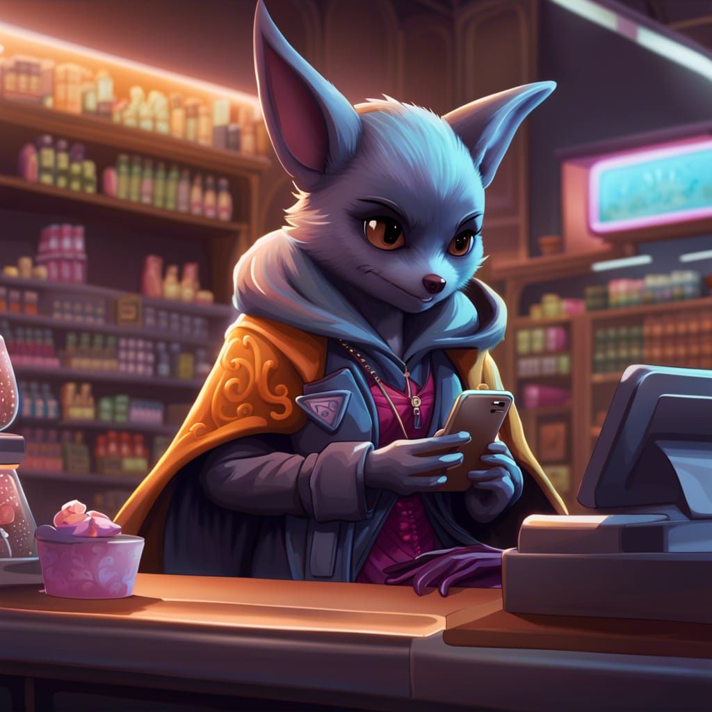 Bored Bat Girl in Dreary Store, Digital Painting