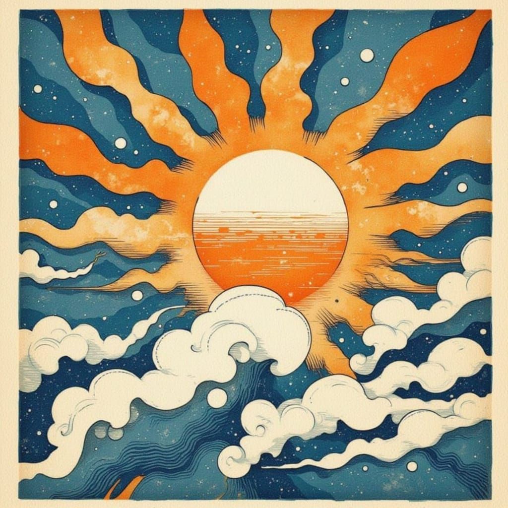 Surreal Japanese Landscape with Radiant Sun