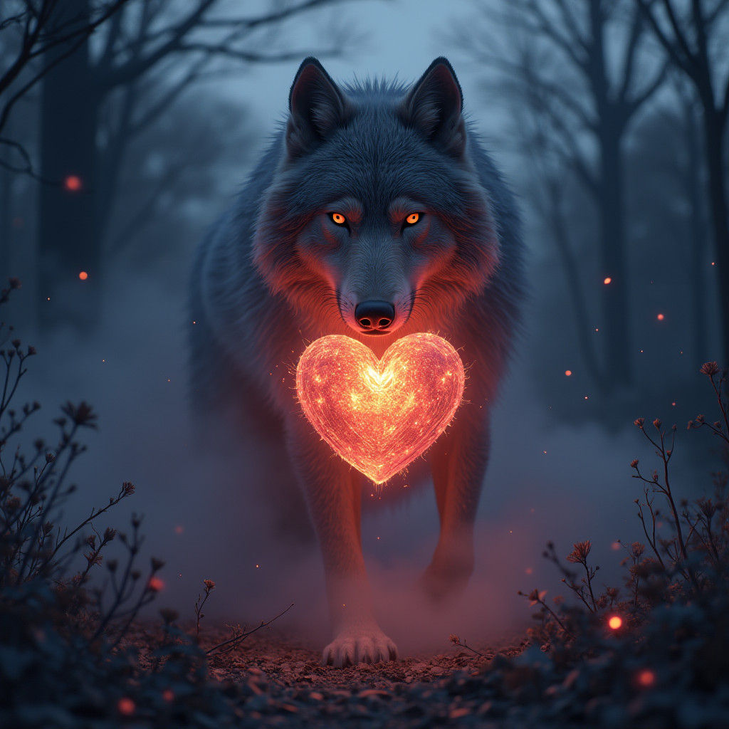 Mystical Glowing Wolf Heart in Twilight Sky