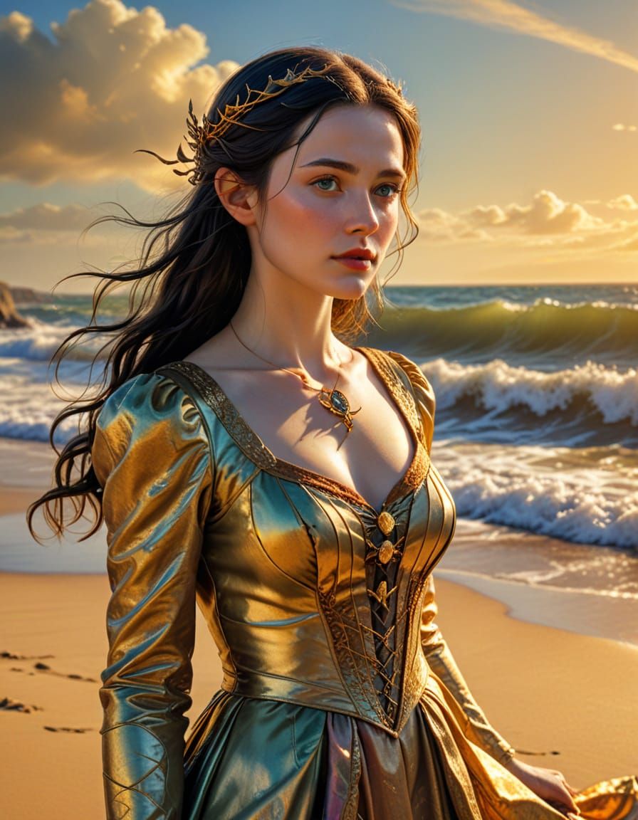 Steampunk Elf on Sandy Beach in Oil Painting Style