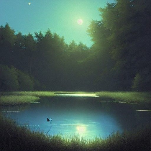 Moonlit Fairy Trawling Over Pond, Anime Style