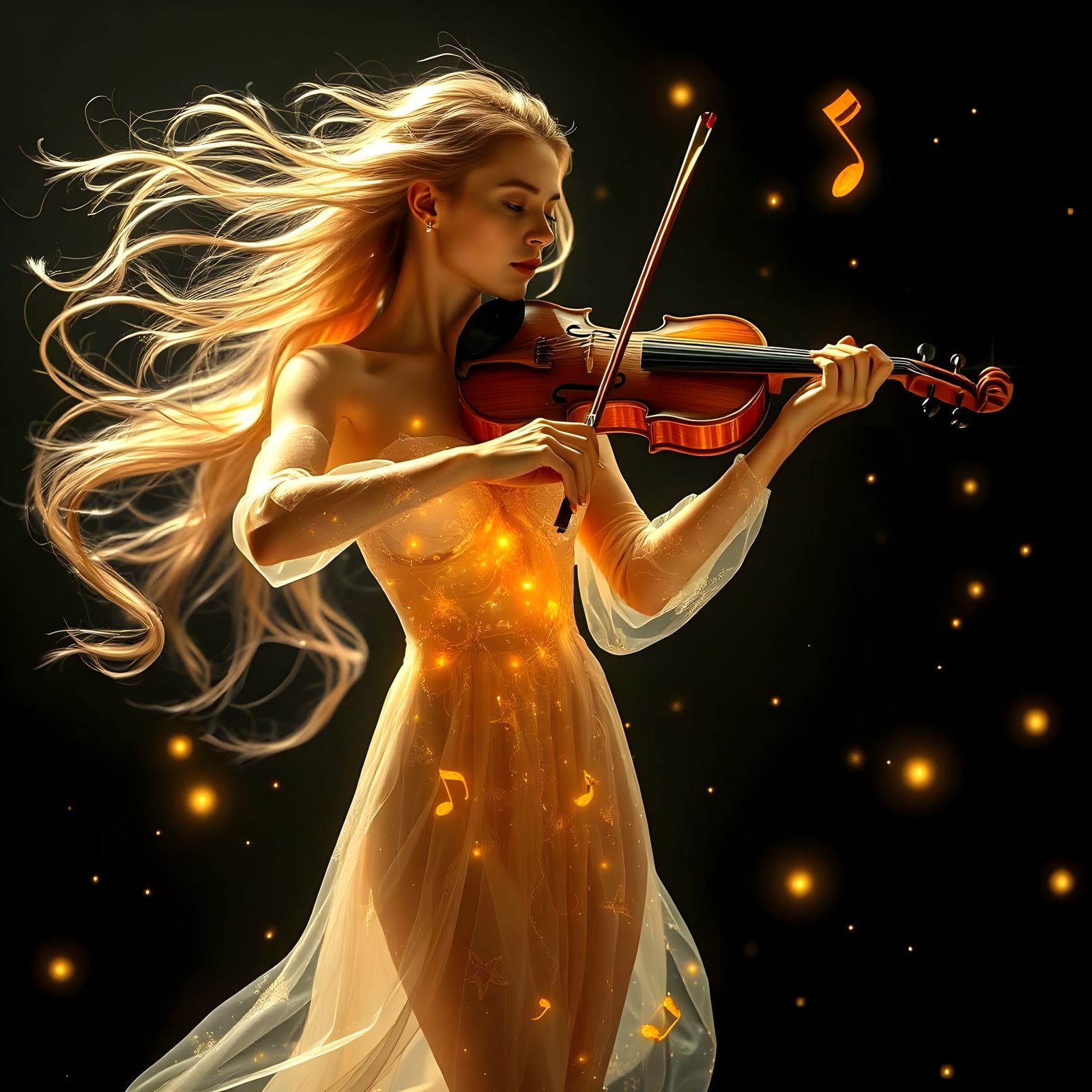 Hyper-Realistic Fantasy Artwork of a Glowing Woman Playing V...