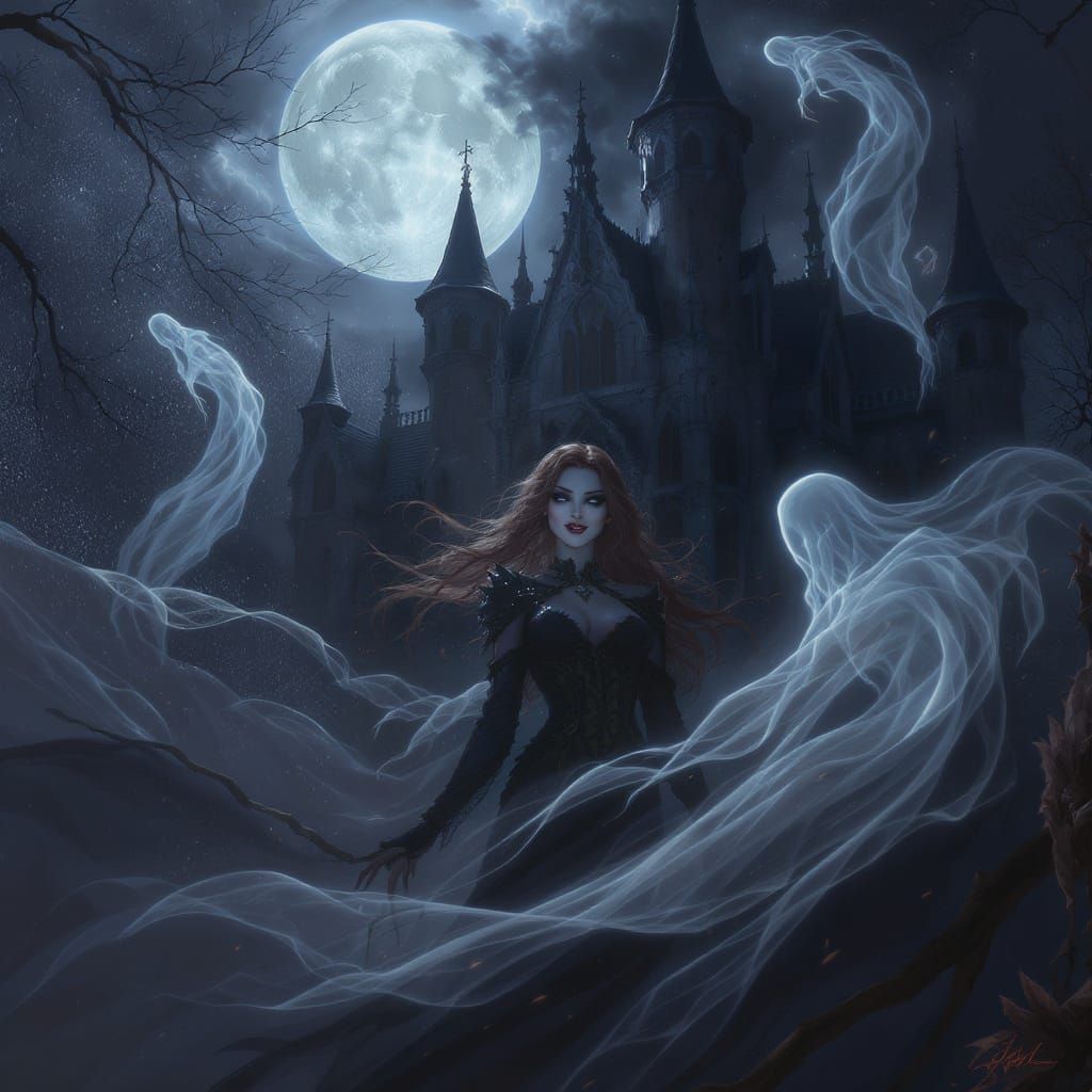 Witchy Woman Before Haunted Mansion in Moonlight
