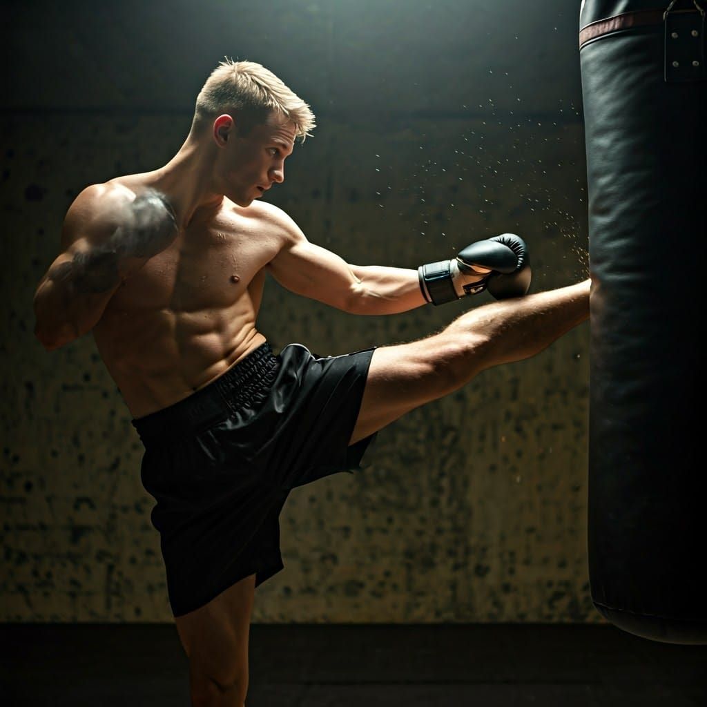 Muscular Blonde Kickboxer in Intense Gym Training