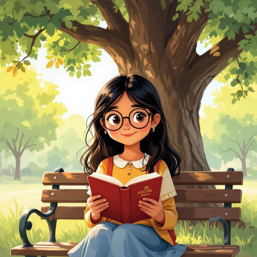 Young Indian Girl Reading in Park, Children's Book Style
