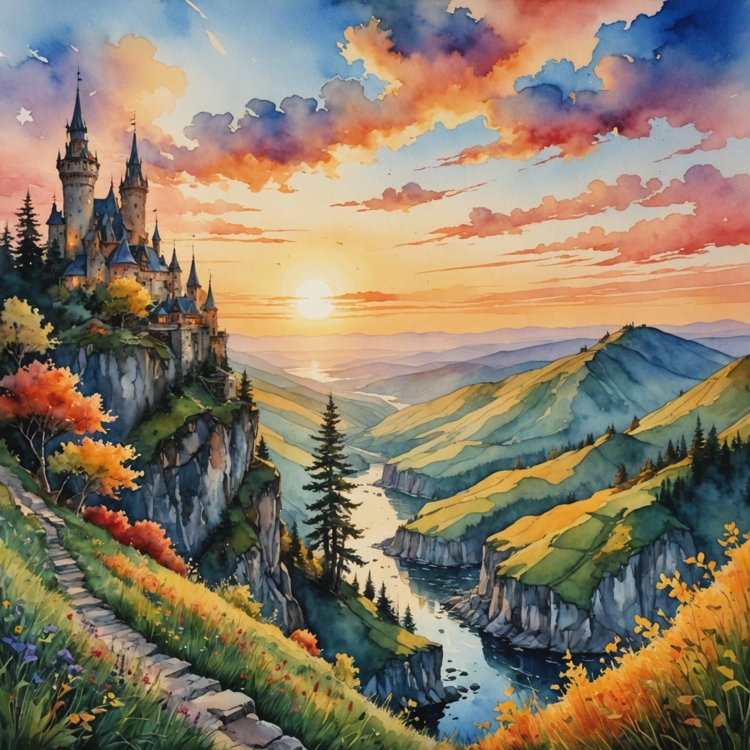 Whimsical Sunset Watercolor Scene