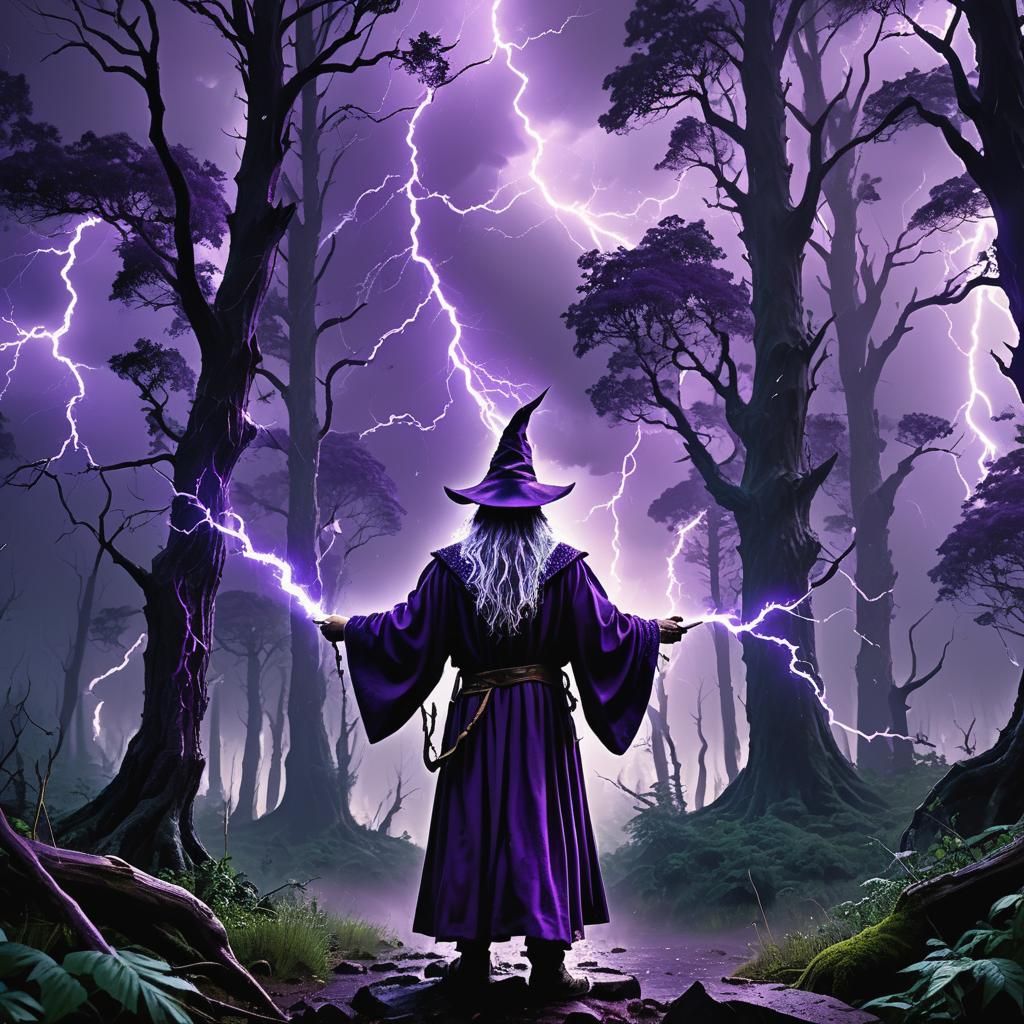 Wizard in Forest During Lightning Storm: Digital Matte Paint...