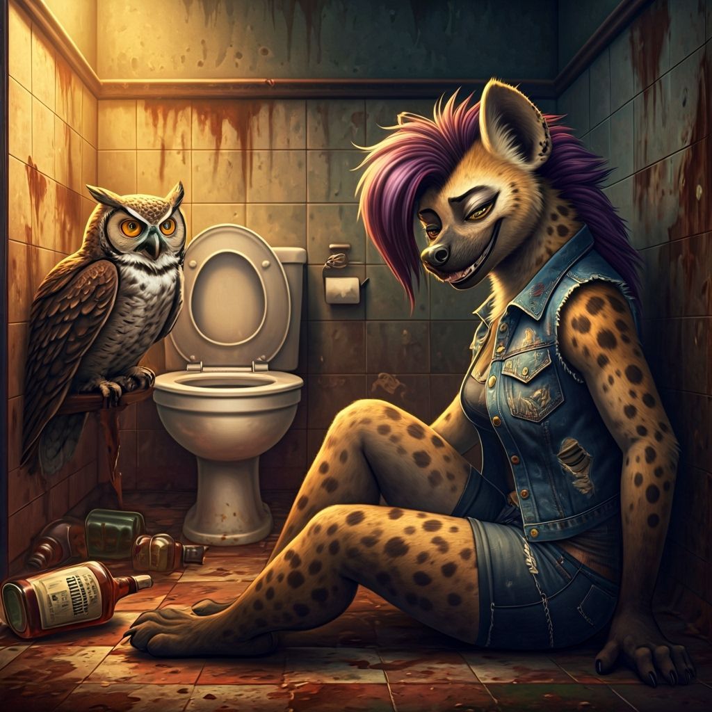Drunken Hyena and Laughing Owl in Grimy Bathroom
