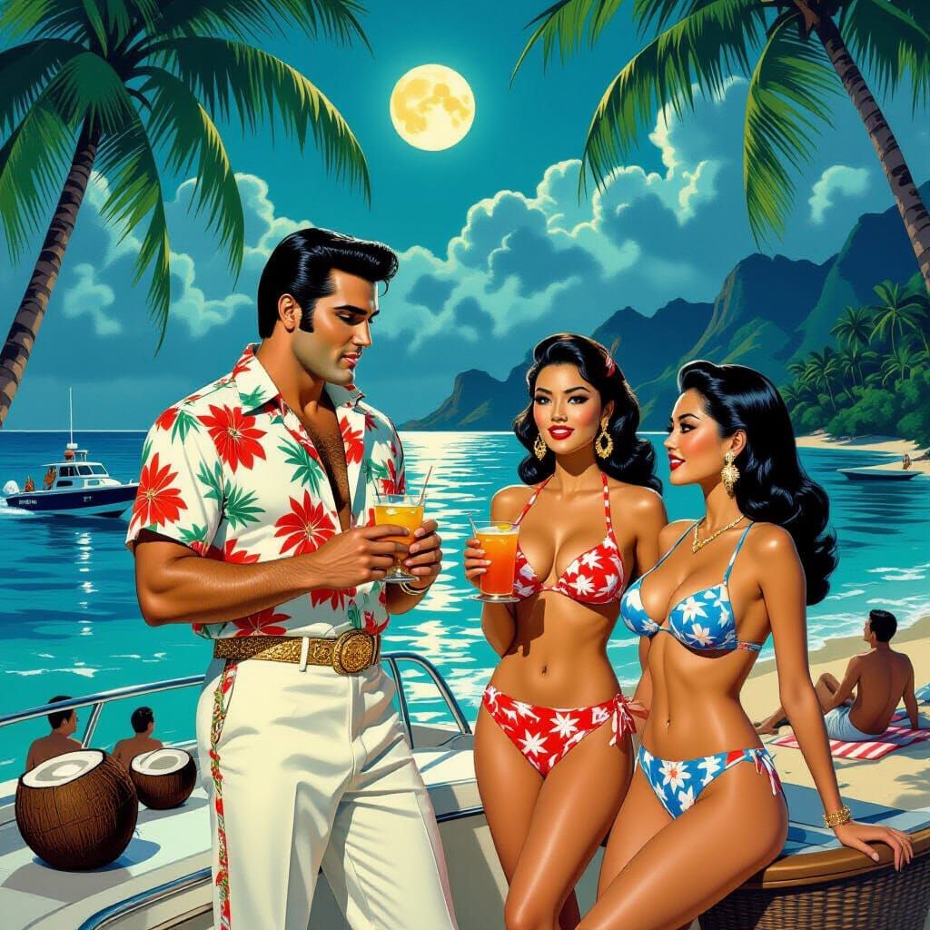 Elvis on Yacht in Tropical Pulp Art Style