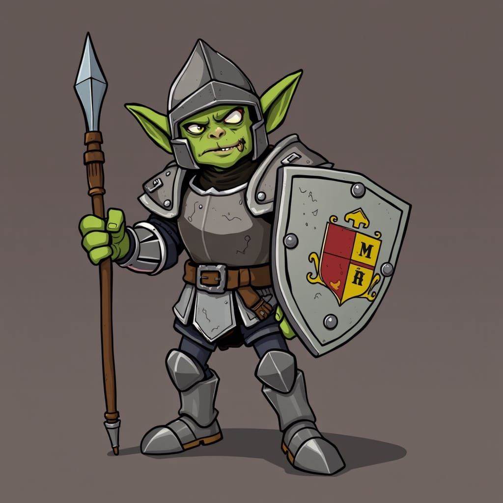 Cartoon-Style Goblin Knight in Mismatched Armor