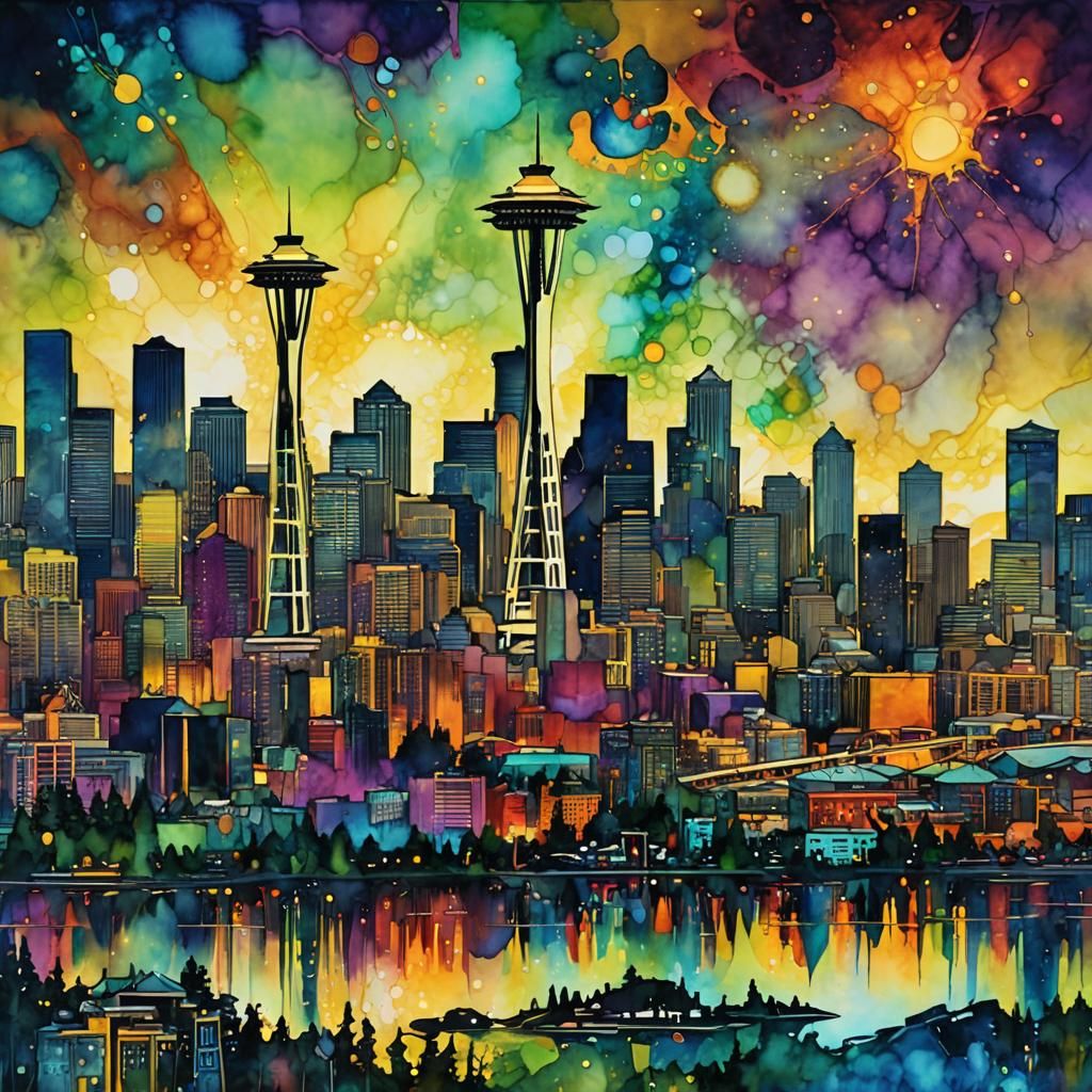 Seattle Skyline in Double Exposure with Triadic Colors