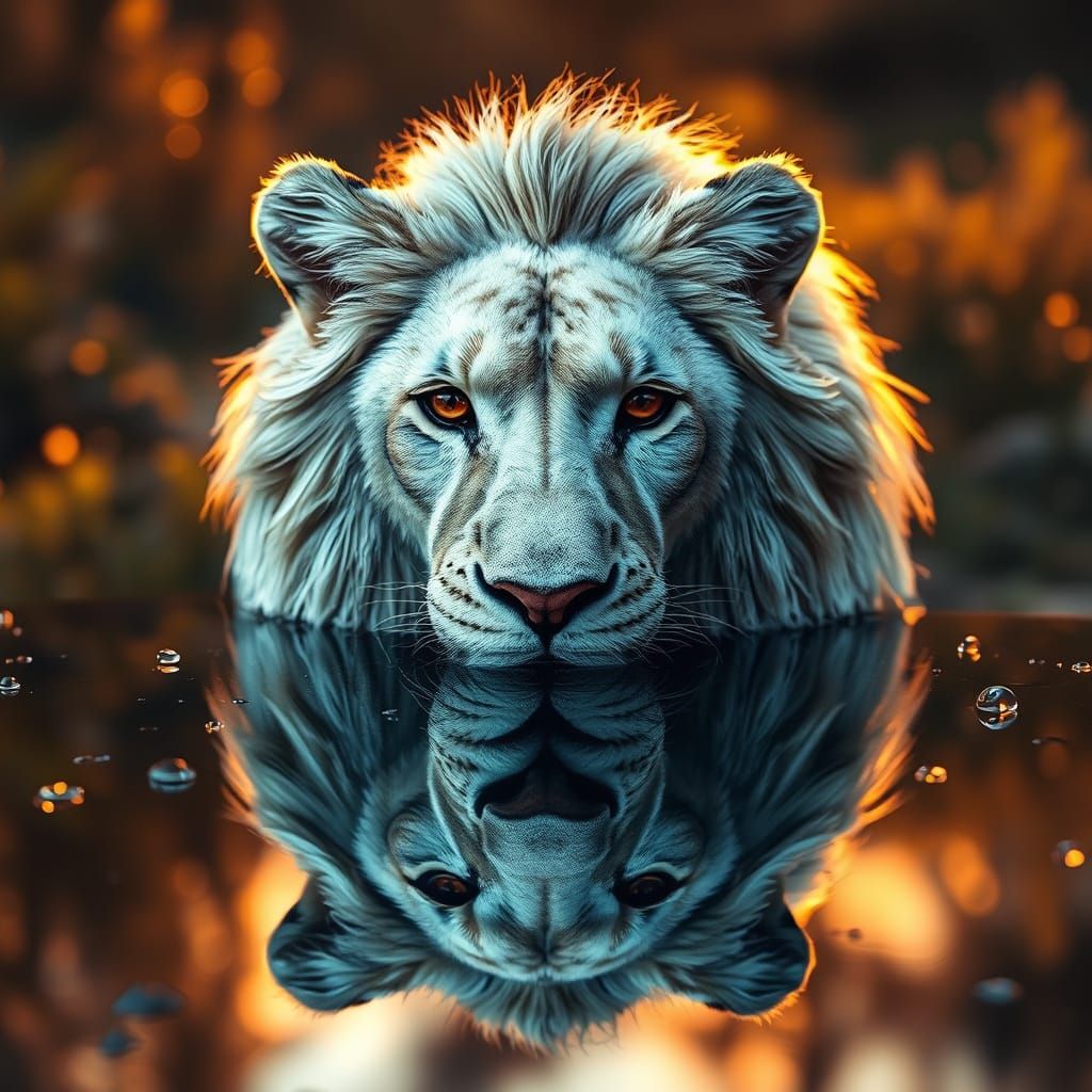 Hyperrealistic Lion Reflection in Chrome, Inspired by Cyberp...