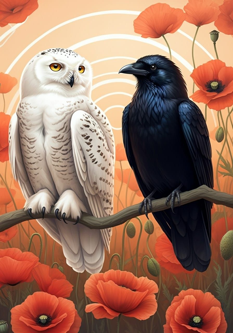 Birds Perched on a Branch in a Vibrant Red Poppy Landscape