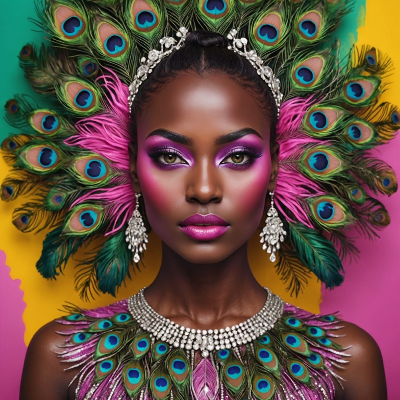 Woman with Peacock Hair in Abstract Art Style