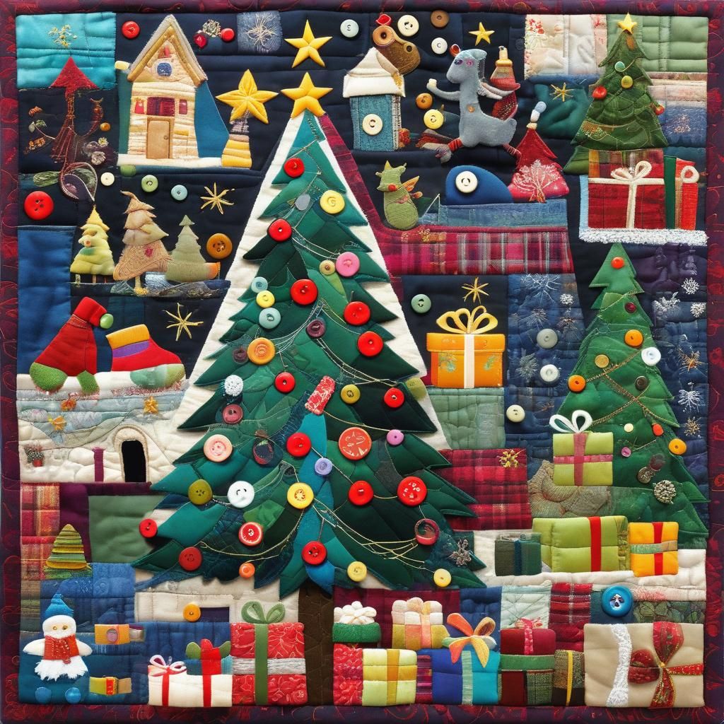 Colorful Quilted Christmas Scene Collage with Gifts