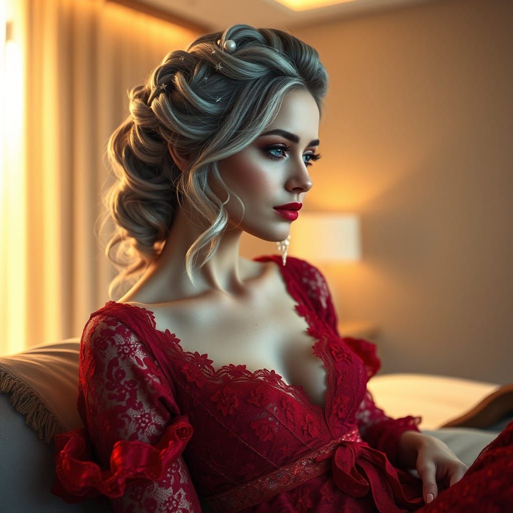 Ethereal Woman in Crimson Lace Nightgown