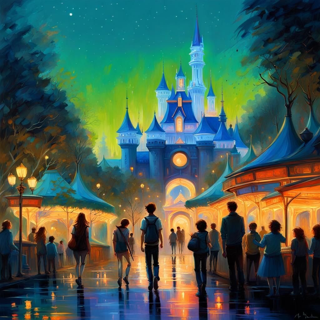 Bioluminescent Theme Park: Maximalist Oil Painting
