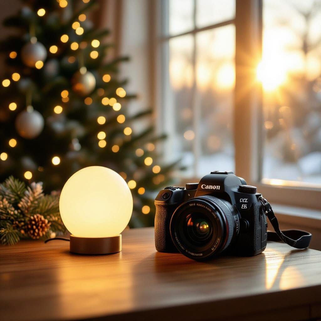 Photorealistic Lumo Lamp with Christmas Tree and Morning Sun