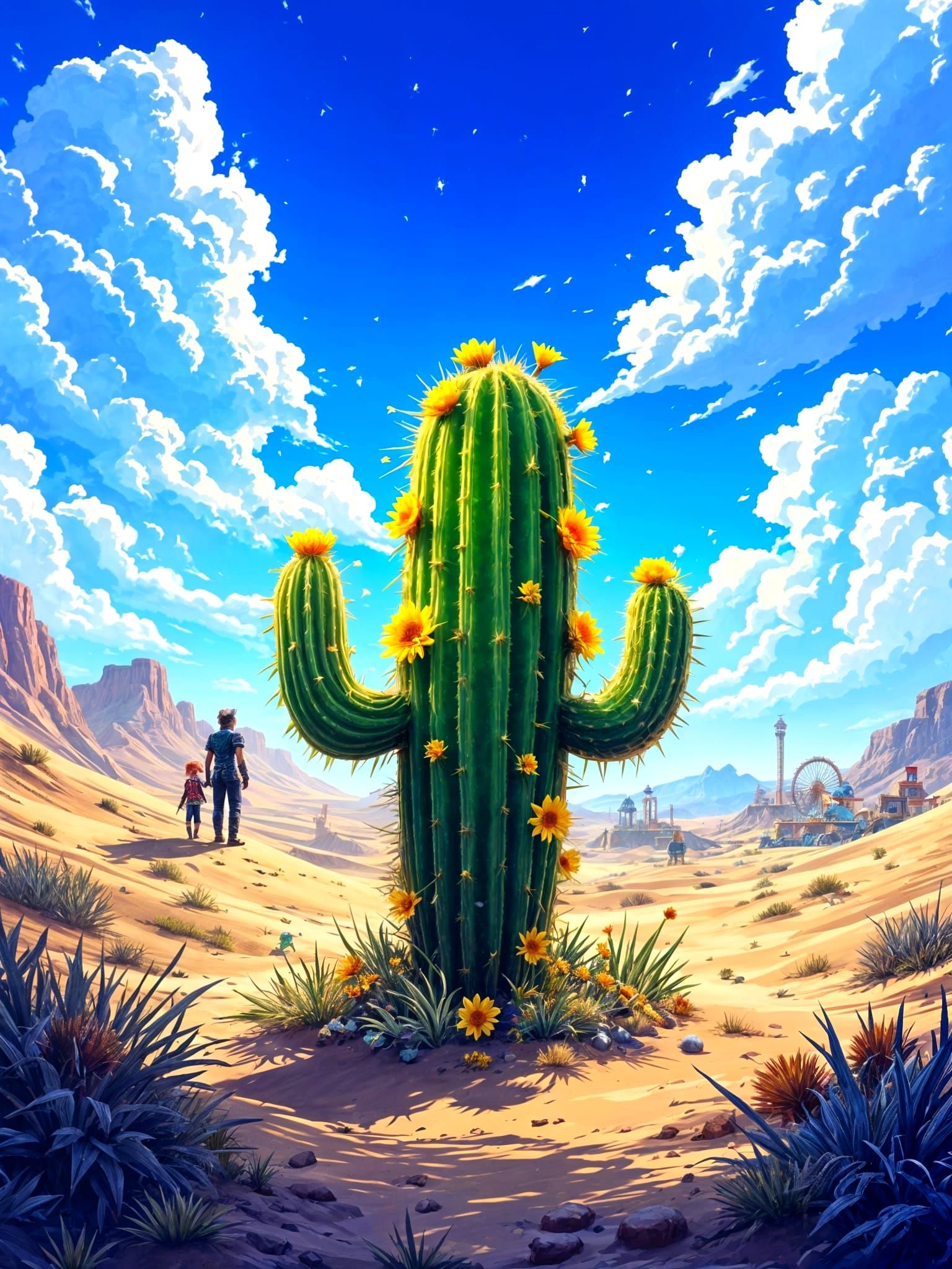 Vibrant RPG Scene with Cactuar in Desert Landscape