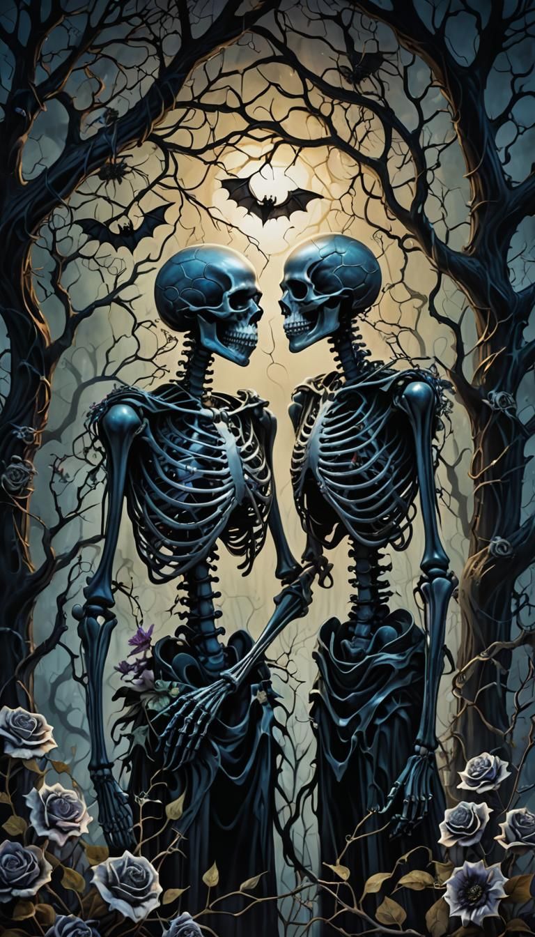 Gothic Skeleton Couple in Surreal Dark Floral Embrace
