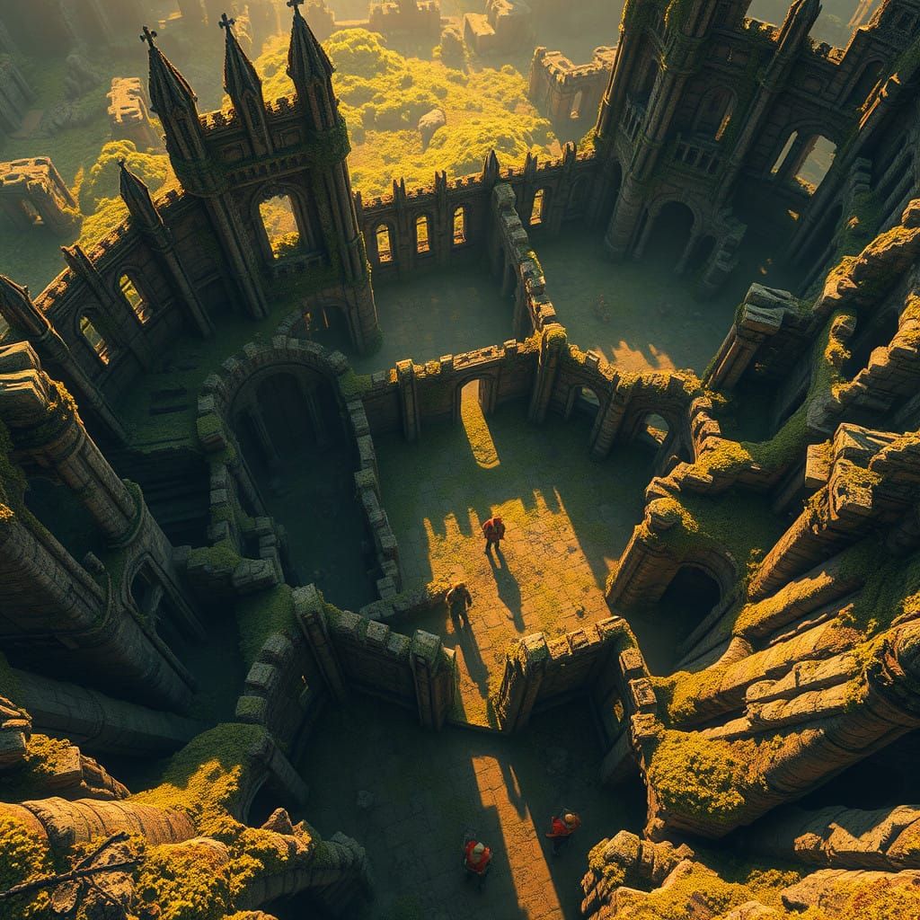 Surreal Fantasy Castle Ruins Illuminated by Warm Golden Ligh...