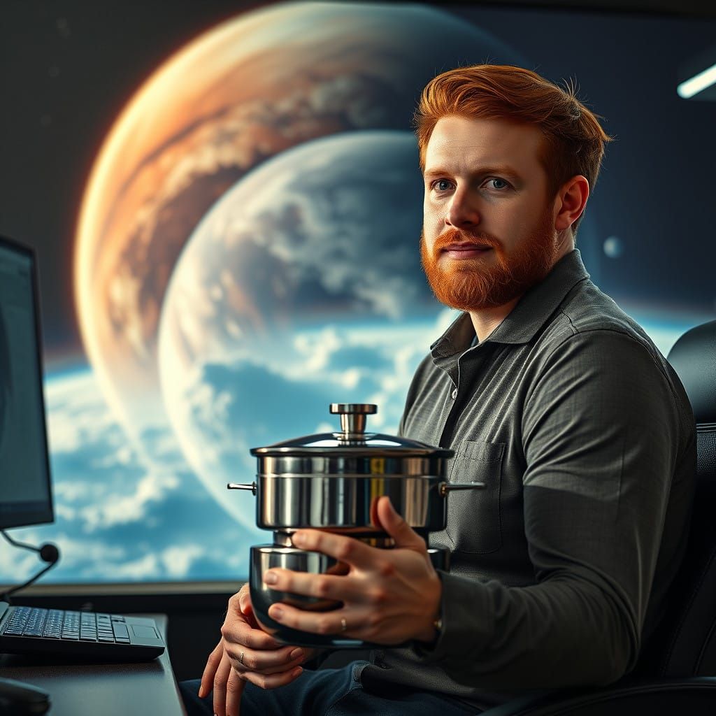 Surreal Streamer Gazing at Swirling Planet