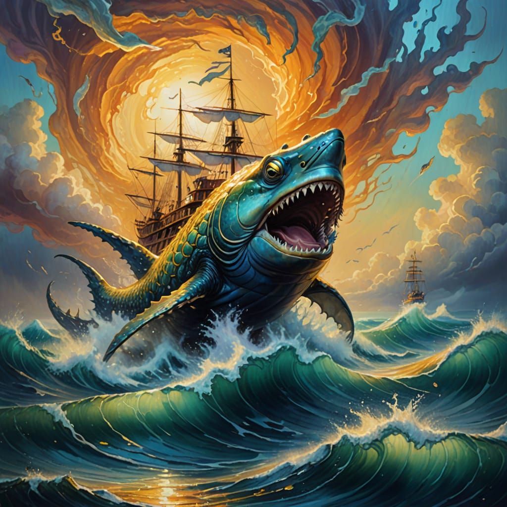 Surreal Sea Creature Protects Sailors: Oil Painting
