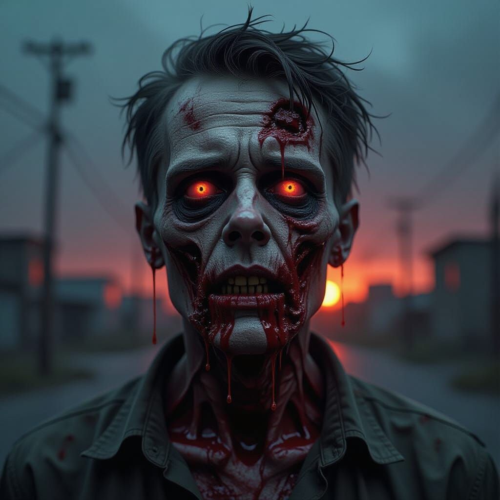 Hyperrealistic Zombie Portrait Dripping Blood in Desolate Ci...