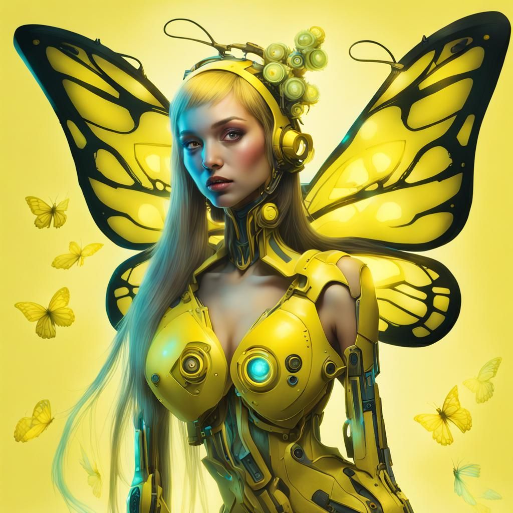 Bioluminescent Robot Woman Kissing Butterfly, Steampunk Art