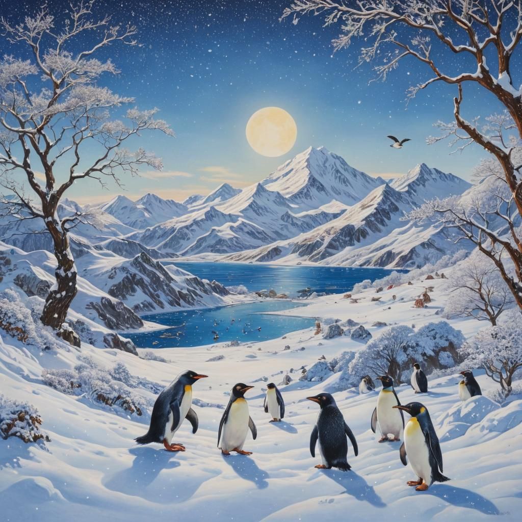 Penguins in Snow Mountains: Enamel Painting Style