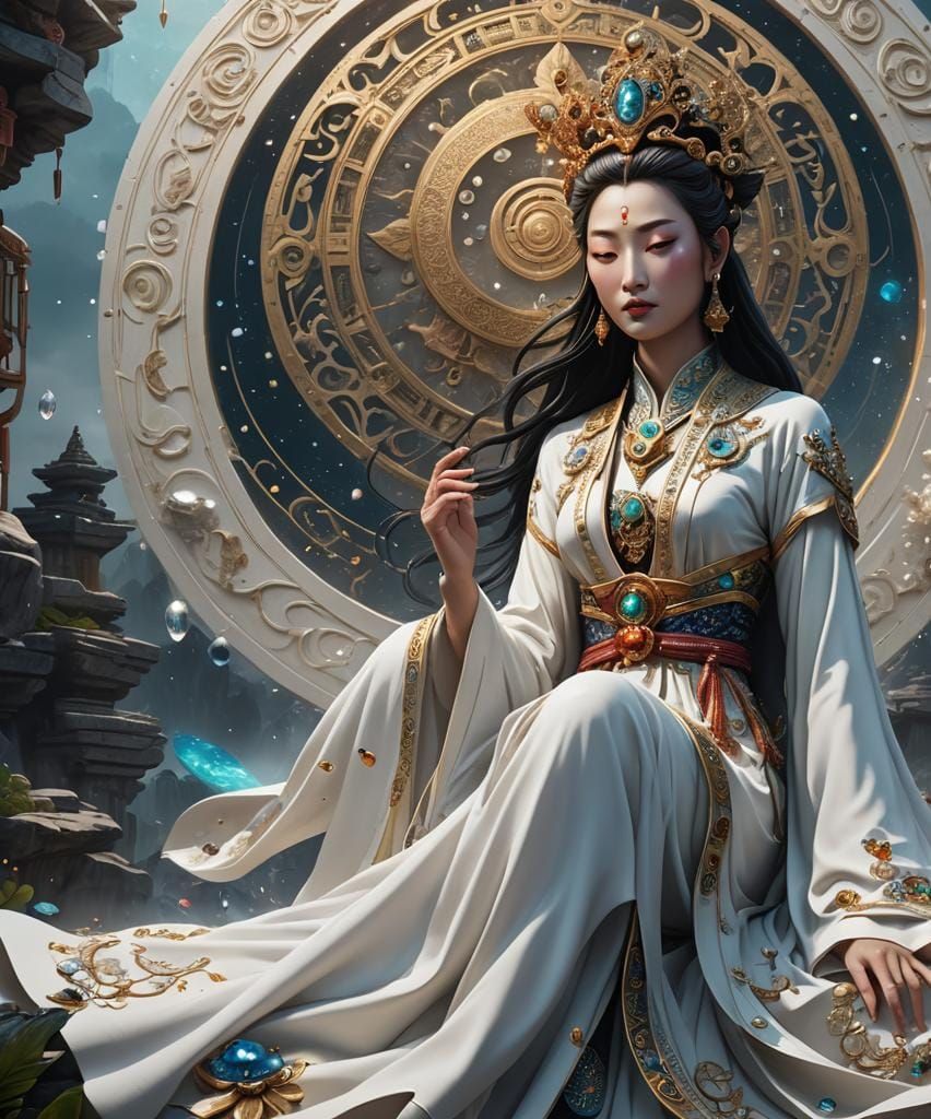 Surreal Quan Yin in White Robe with Crystals