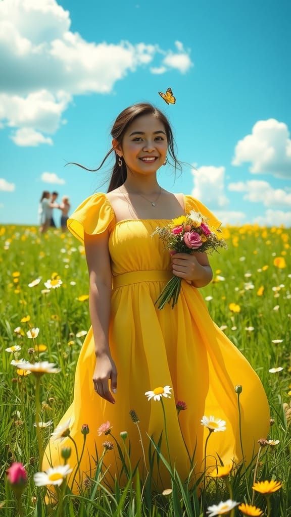 Woman in Lush Green Meadow, Surrounded by Blooming Wildflowe...