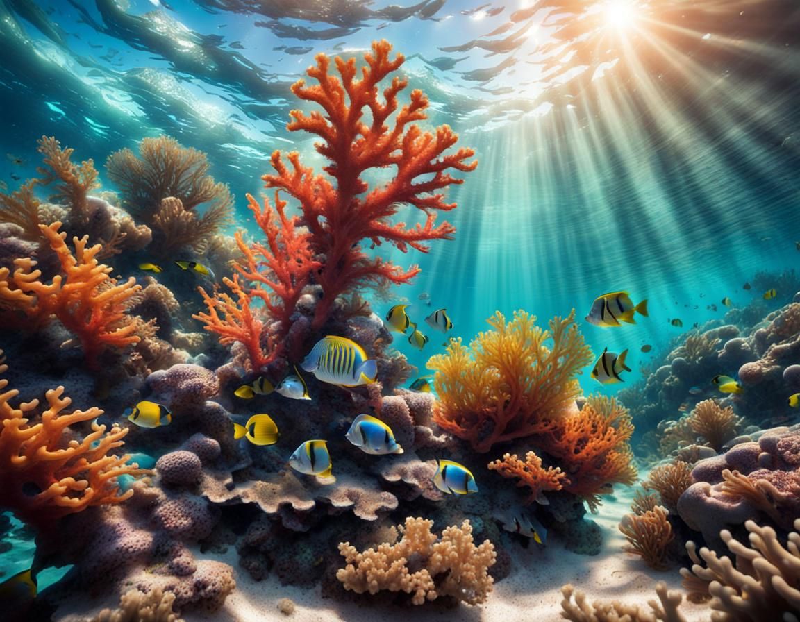 Underwater Sunlit Waves with Coral and Fish