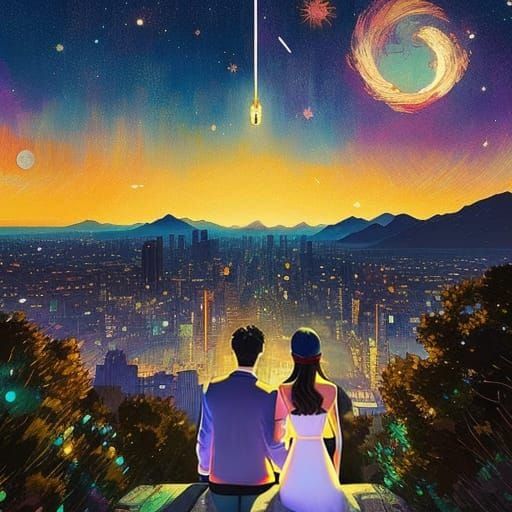 Romantic Couple in Vibrant Digital Art Style