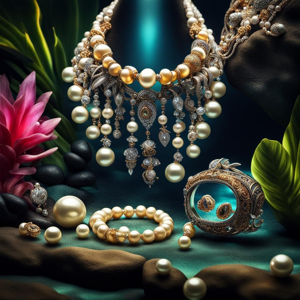 Gems and Jewelry in Glowing Tropical Aquarium