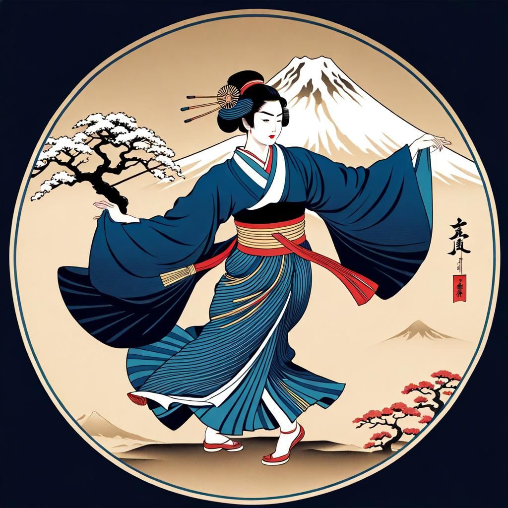 Japanese Dancer in Ukiyo-e Style with Mount Fuji