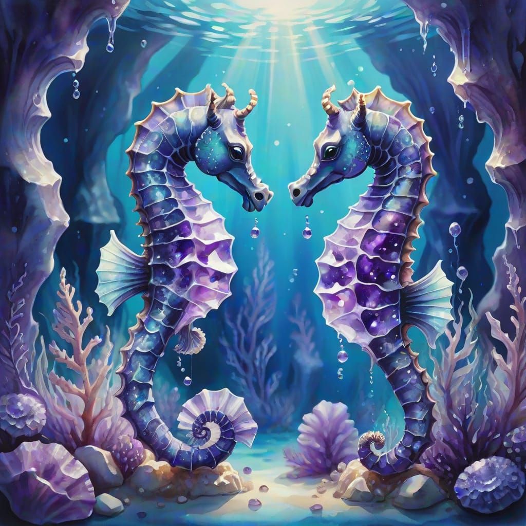 Fantasy Seahorses Swim in Amethyst Geode Underwater
