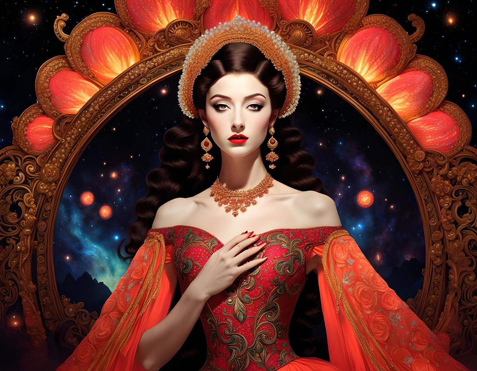 Dreamlike Figure in Stardust Gown, Neon Lighting