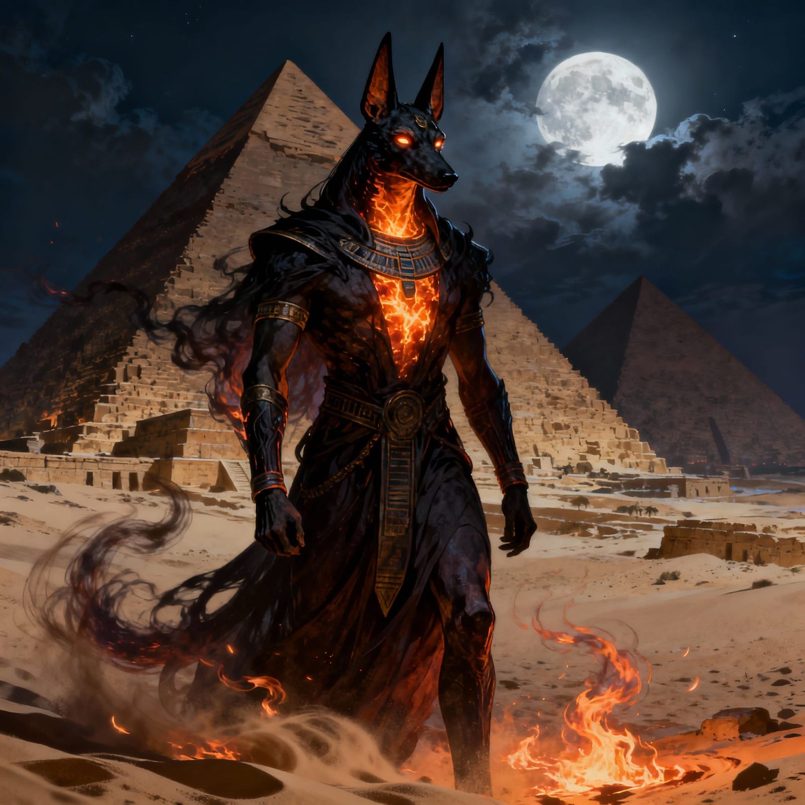 Anubis God in Desert Night, Mystical Aura