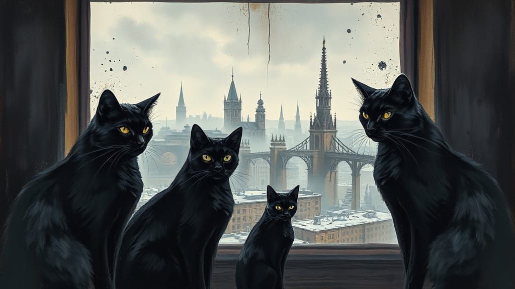 Dystopian Cats in Impasto Style with Watercolor Cityscape
