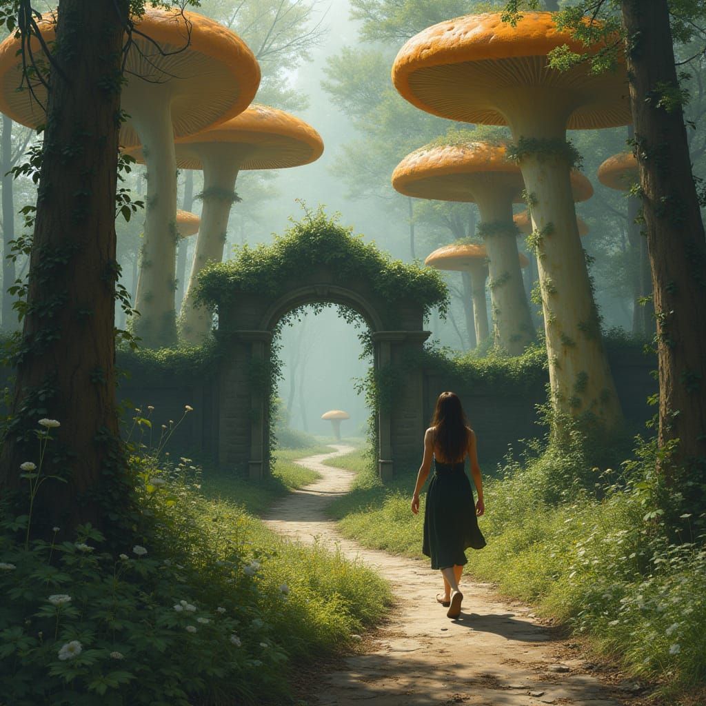 Woman on Mushroom Path: Realistic Landscape