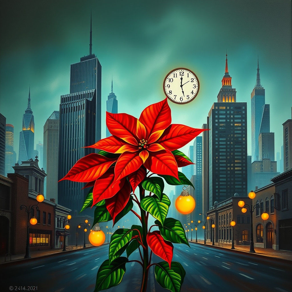Dreamlike Cityscape with Christmas Poinsettia, Surrealist St...