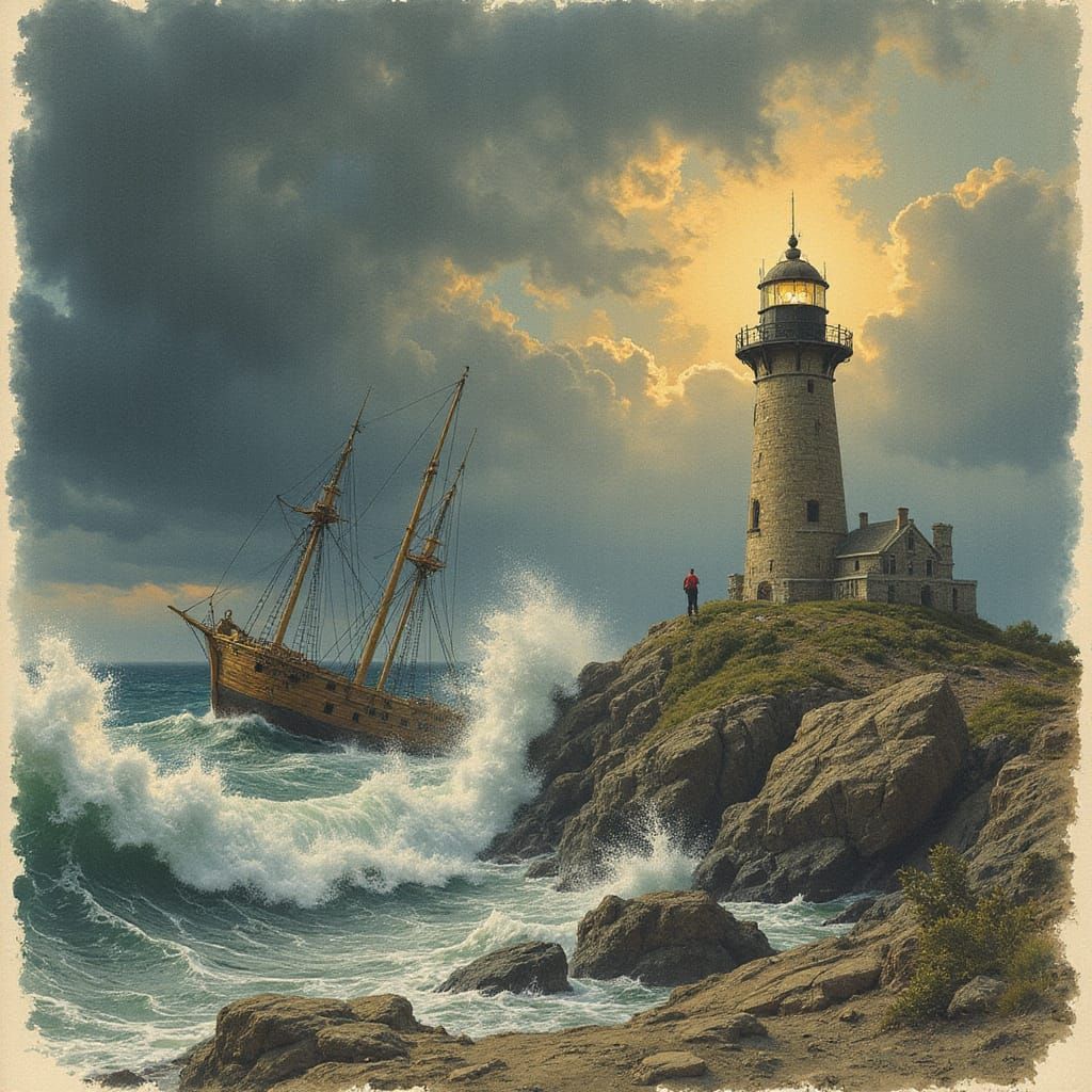 Vintage Lighthouse Keeper in Stormy Weather