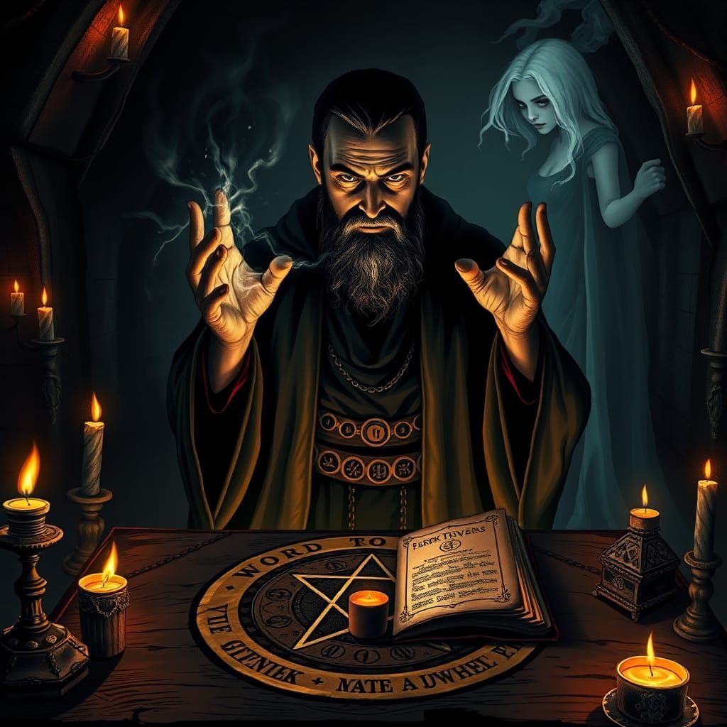 Dark Sorcerer Conjuring Magic in Gothic Chamber