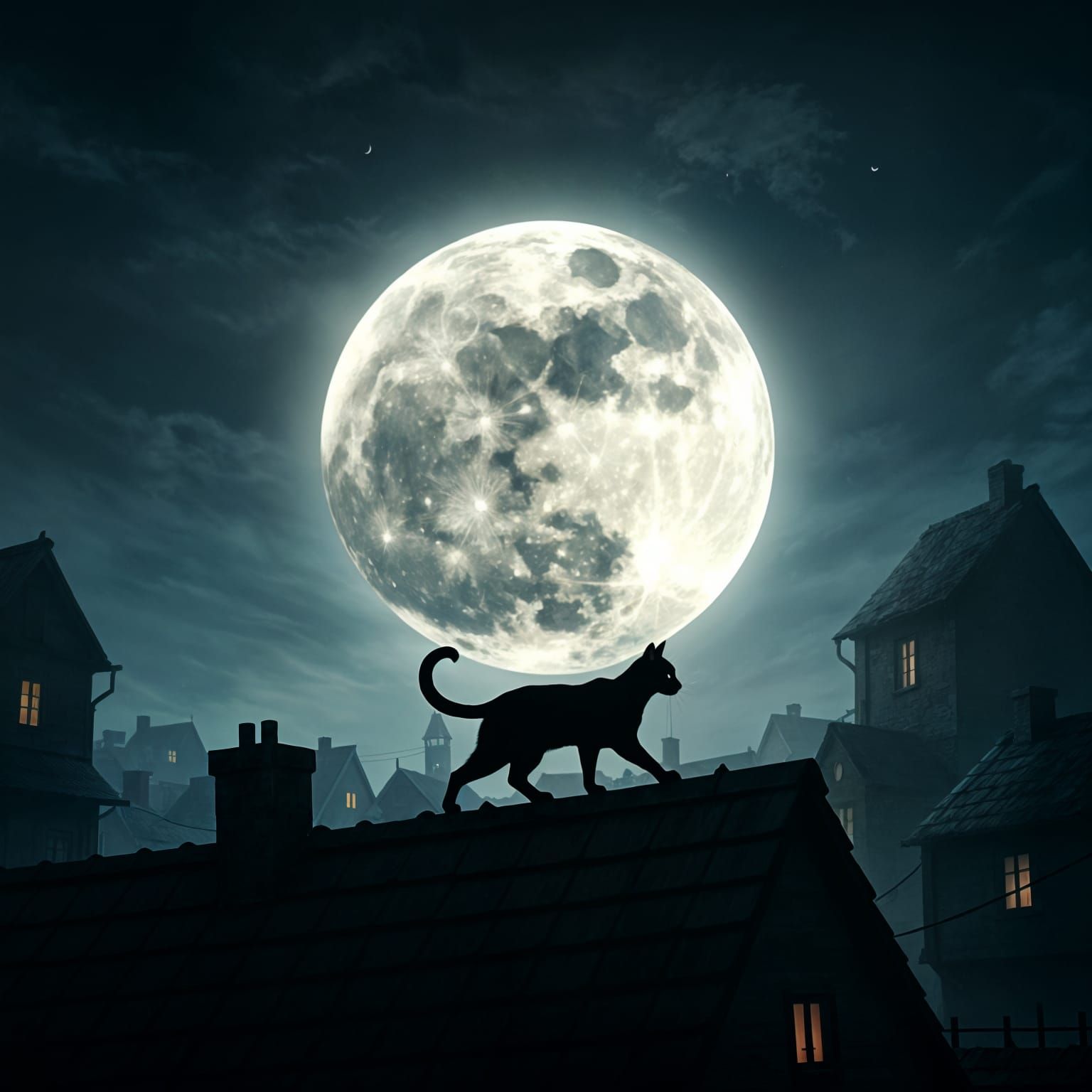 Stalking Cat Silhouette Under Giant Moon