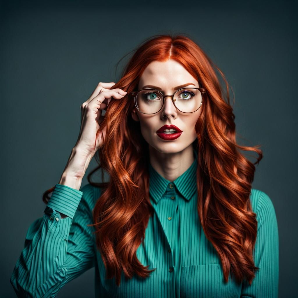 Redhead Woman with Glasses: Serious and Excited