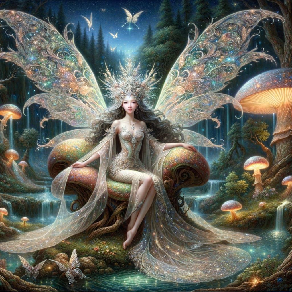 Ethereal Fairy Queen on Mushroom Throne in Starlit Forest