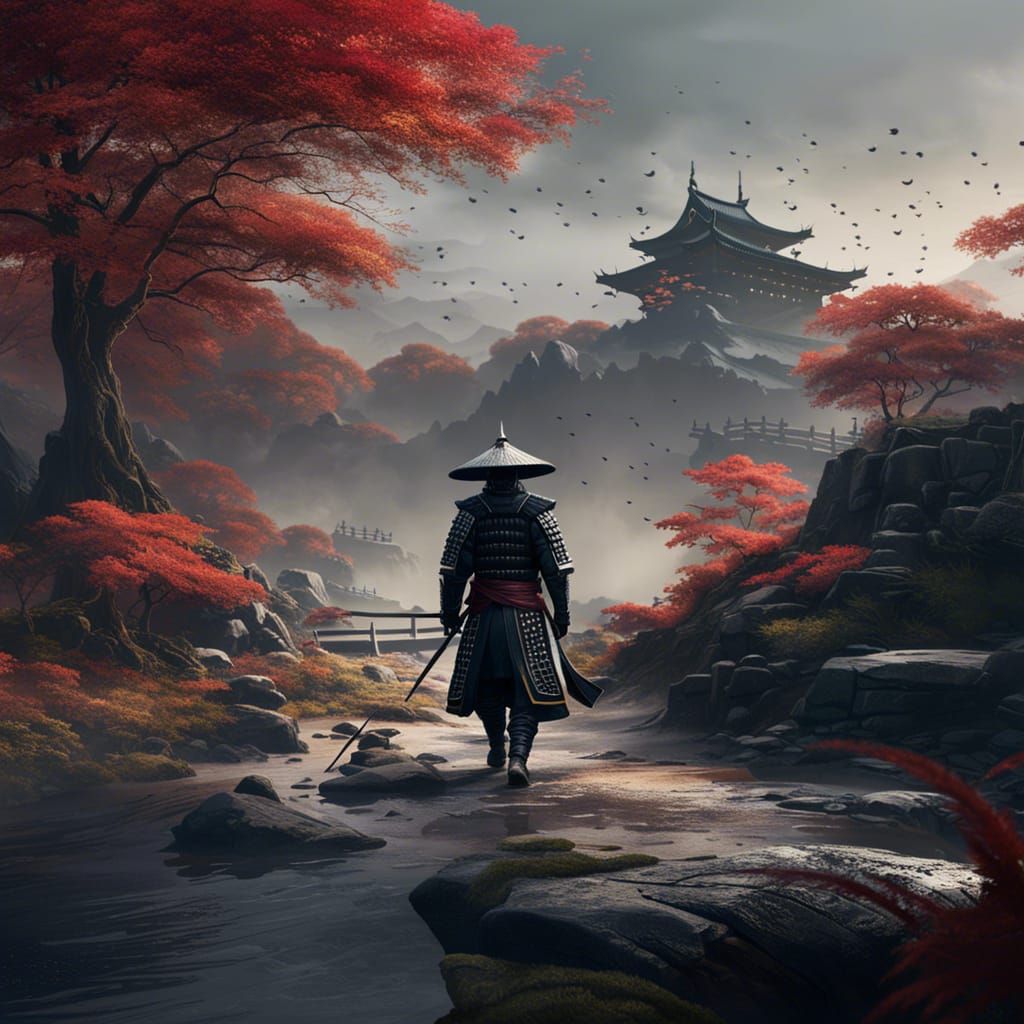 Lonely Samurai Leaving Battle in Detailed Digital Painting